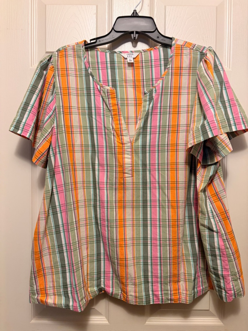 crown & ivy Multicolor Plaid Short-Sleeve Blouse - Pink, Green, Orange